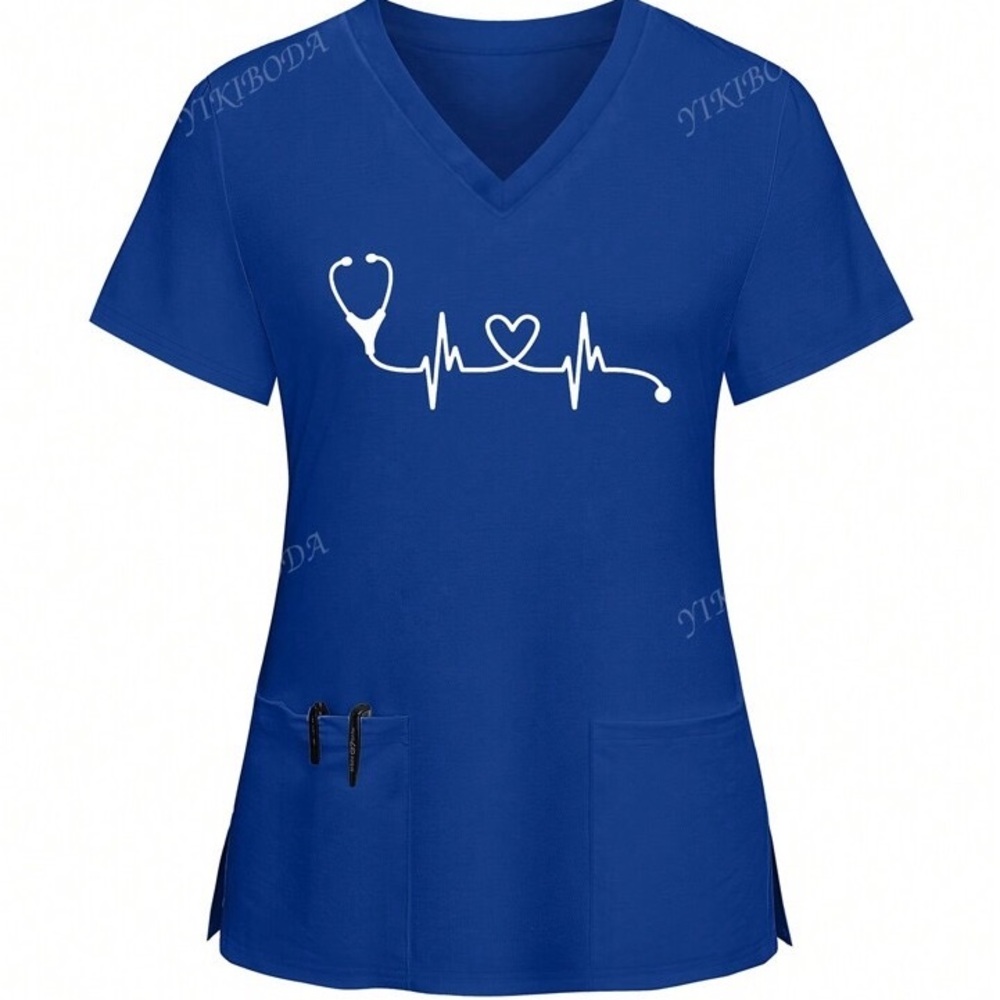 Fashionable ECG Heart Print Short Sleeve Scrub Top Size XL